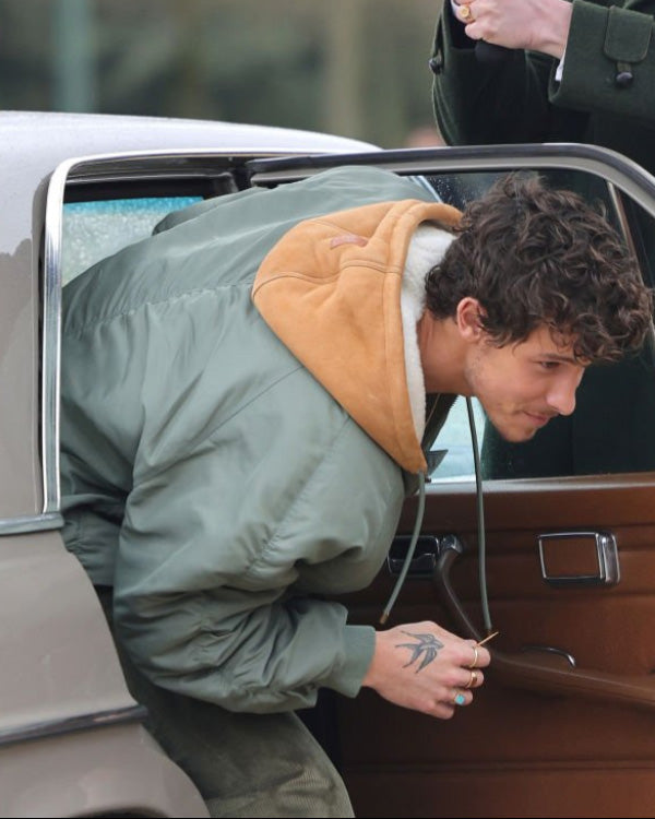 Shawn Mendes the Loewe Show 2024 Green Hooded Bomber Jacket